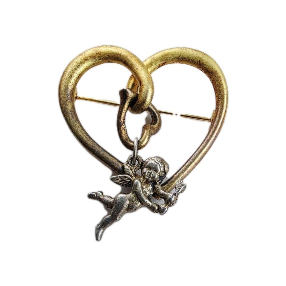 Vintage Cupid Arrow Bow Heart Brooch Pin Jewelry Signed Moving Parts Two Tone